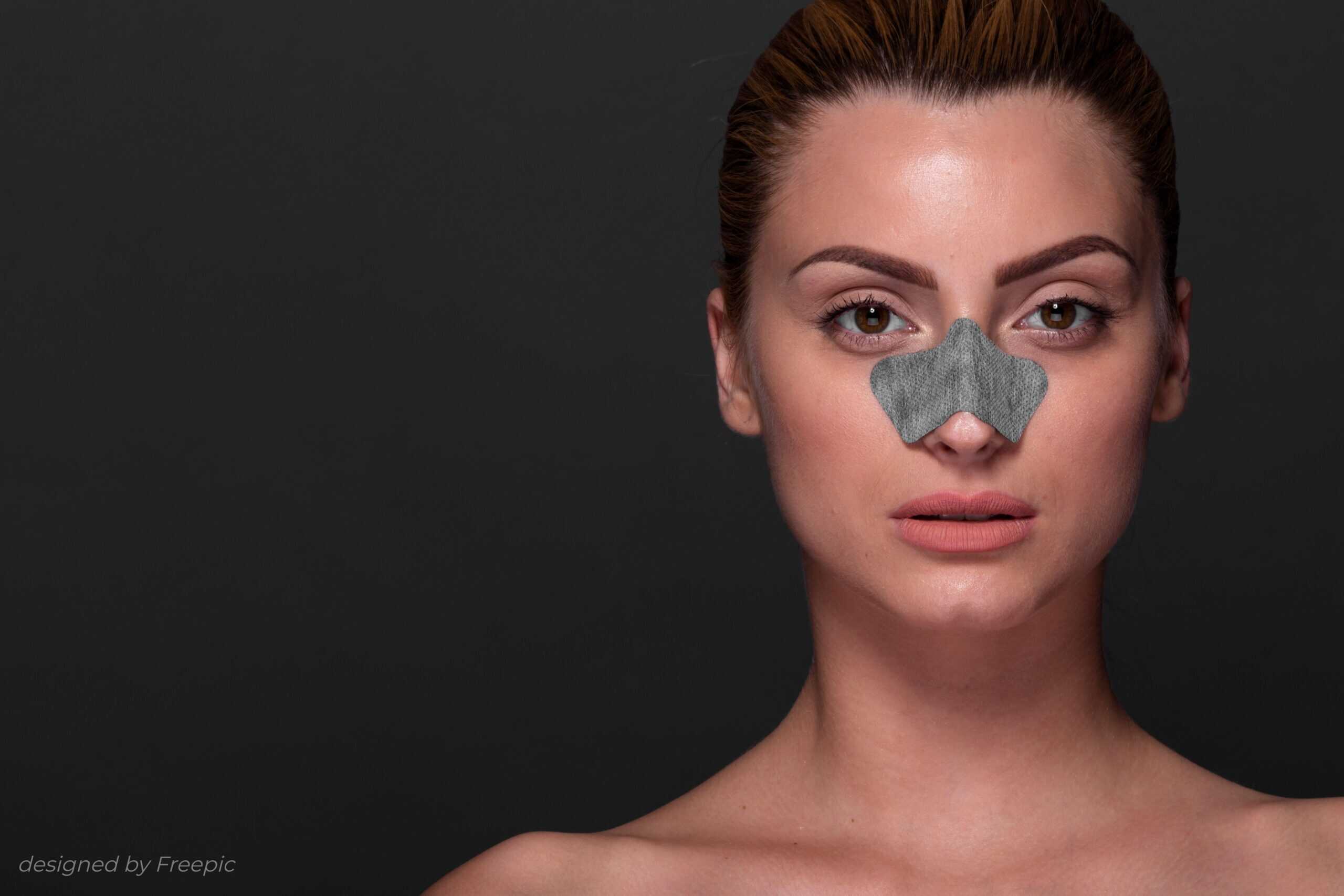 A woman with a black background And a patch on the nose after nosejob or rhinoplasty