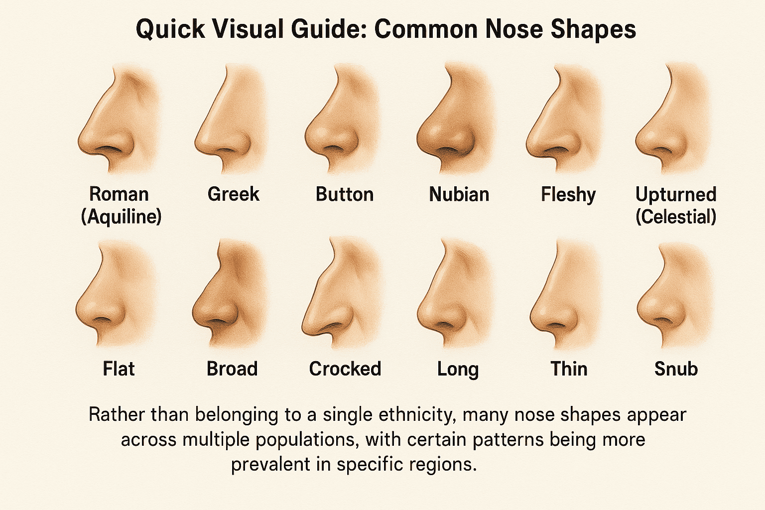 14 common nose shapes, including button nose, crooked, Greek, long, thin, snub, fleshy and so on