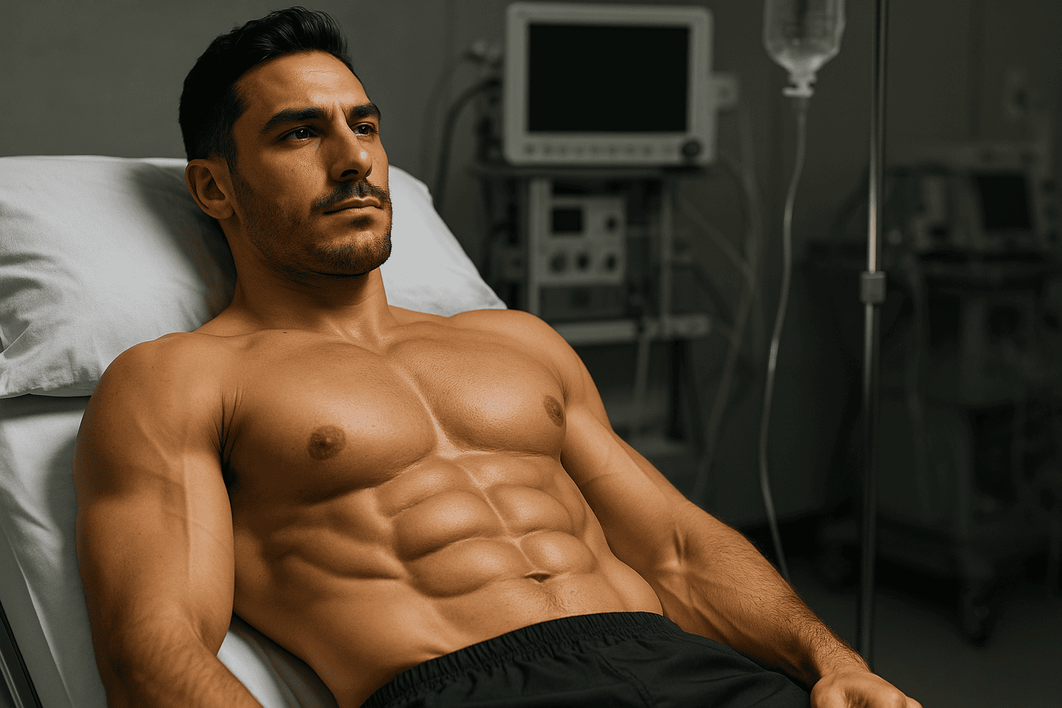 Showing a man in the hospital after six-pack surgery in Turkey