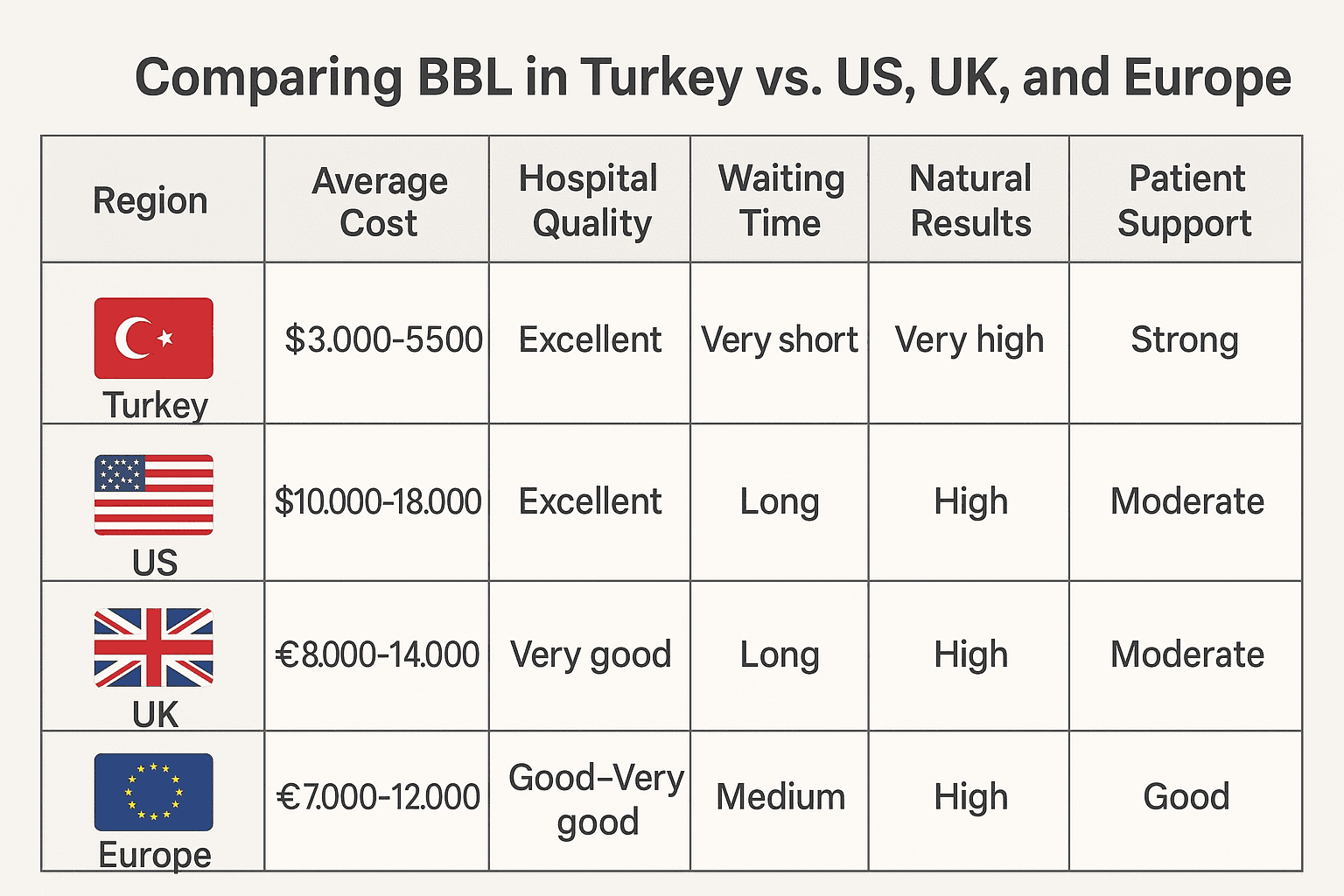 Comparing BBL costs and quality in Turkey vs US, Uk 